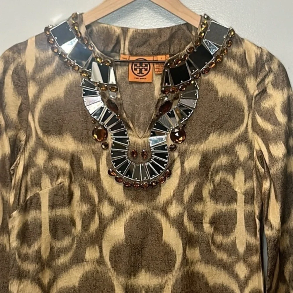 TORY BURCH Silk Blend Jewel Mirror Beaded Tunic Blouse -‎ Amber Brown - Size 2